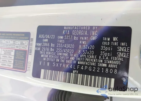 2023 Kia Sorento Sx z USA, uszkodzony, nr VIN 5XYRK4LF4PG221808